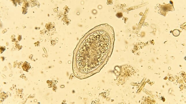 Ascaris Lumbricoides Egg Unfertilized Stool Wet Mount. Unfertilized Ascaris lumbricoides egg with irregular shape and disorganized internal cells in direct stool wet mount.