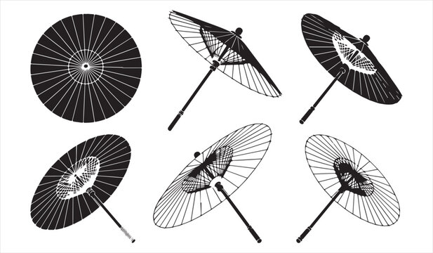 Traditional paper parasol silhouette and oriental umbrella illustration set