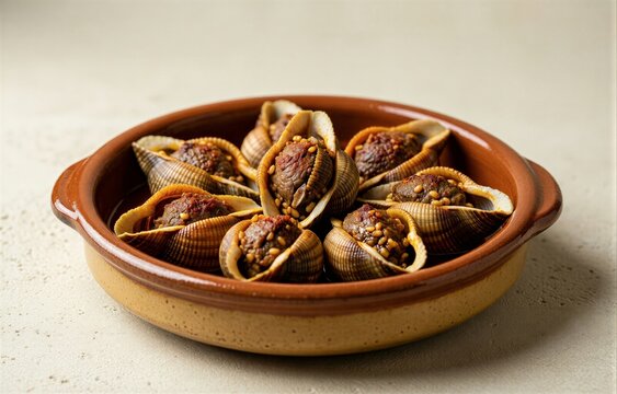 Koupes in small brown ceramic bowl filled with bulgur shells with spiced meat filling. Concept of garnished dish, showcasing rich flavors and textures of traditional cuisine.