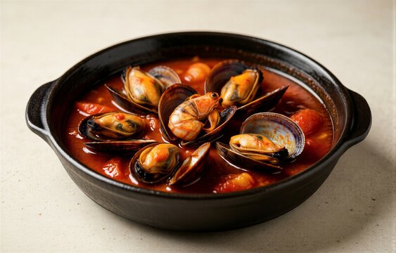 Bowl of Cataplana de Marisco features steamed mussels, shrimp, and tomato-based sauce garnished with fresh carrots. Concept of shellfish stew with tomato wine herbs.