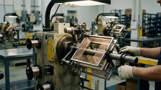 Medium shot of a grid winding jig capturing the detailed process of fine wire being precisely coiled onto support frames in a controlled industrial environment.