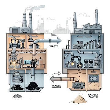 Industrial factory process with waste management showing metal offcuts and granulated plastic recycling in detailed vector illustration