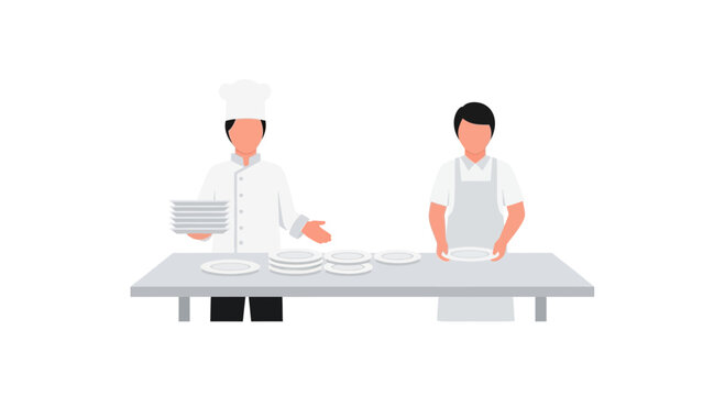 Two chefs preparing food in kitchen.