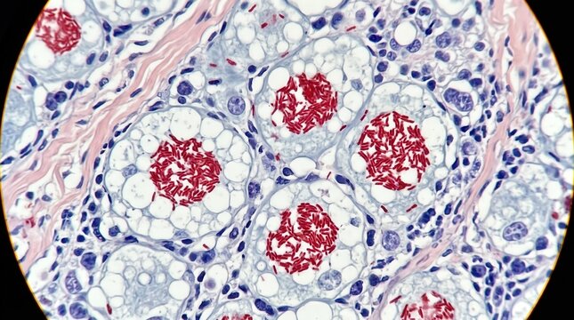 Mycobacterium Leprae Globi Macrophage Fite Stain Skin. Mycobacterium leprae globi within macrophage cytoplasm in Fite-Faraco stained skin biopsy section from lepromatous leprosy.