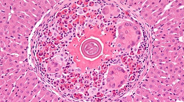 Toxocara Canis Larva Migrans Liver Tissue Granuloma H&E. Toxocara canis larva within eosinophilic granuloma in H&E stained liver tissue biopsy from visceral larva migrans.