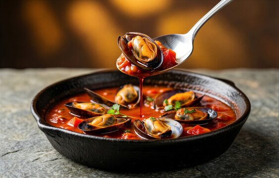 Close-up of Cataplana de Marisco, shellfish stew with tomato sauce, fresh herbs. Concept of comfort food, warm ambiance, culinary delight, flavors of shellfish stew with tomato wine herbs.