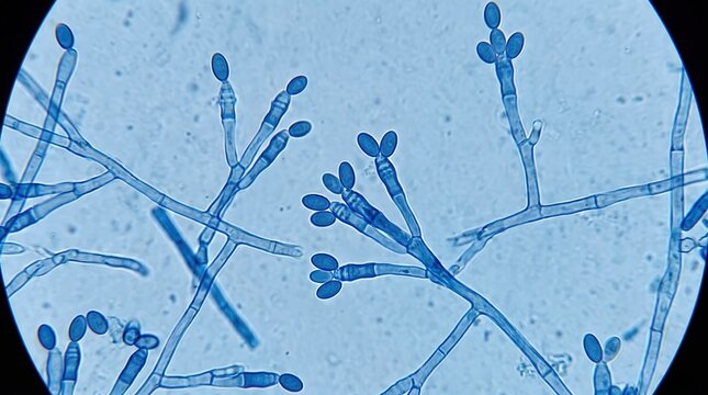 Scedosporium Apiospermum Annellides Culture Microscopy Blue. Scedosporium apiospermum showing annellides with oval conidia in lactophenol cotton blue from clinical wound culture.