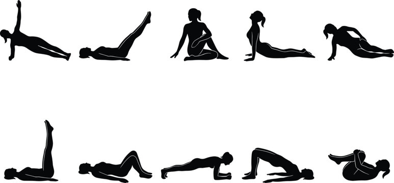 Set of black silhouettes featuring a flexible woman performing various yoga poses and pilates exercises isolated on a white background.