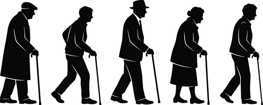 Set of detailed black silhouettes featuring senior men and women walking with mobility canes isolated on a white background.