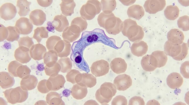 Chagas Trypomastigote C Shaped Giemsa Peripheral Blood. Trypanosoma cruzi trypomastigote with characteristic C or U shape and large kinetoplast in Giemsa stained peripheral blood smear.