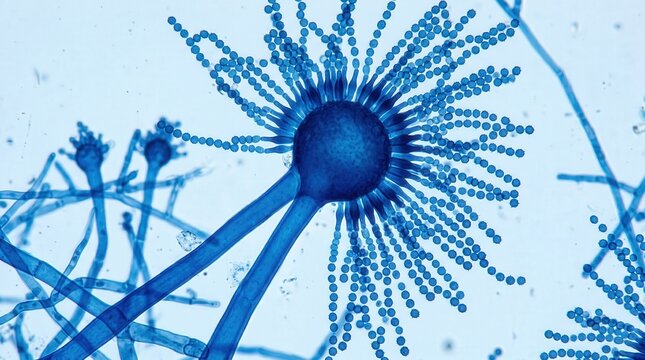Aspergillus Flavus Yellow Green Conidiophore Sinusitis Biopsy. Aspergillus flavus conidiophore with large rough-walled conidia chains in lactophenol blue from sinus biopsy culture.