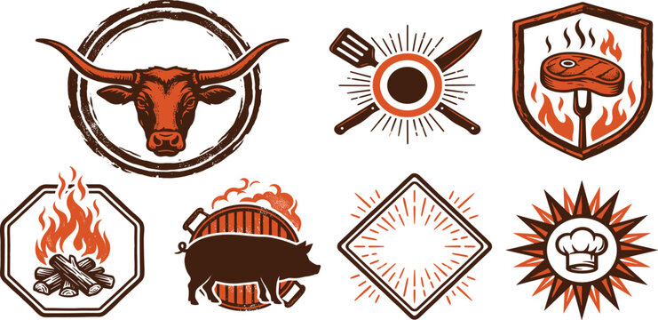 Vintage rustic barbecue grill logos set featuring bull head pig steak chef hat and wood fire elements.