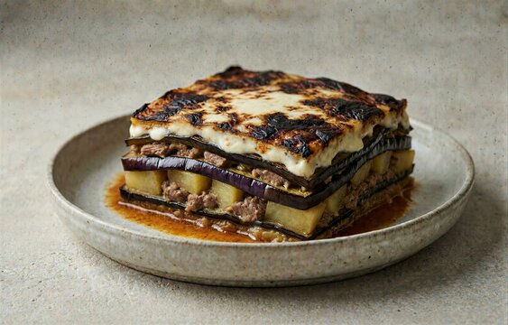 Moussaka slice layered with eggplant, potato, meat, melted cheese, and tomato sauce on ceramic plate. Concept of layered eggplant, potato, meat, bechamel dish enhancing culinary presentation.