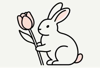Obraz premium A cute minimalist illustration of a friendly white bunny rabbit holding a delicate pink tulip flower in its small paws