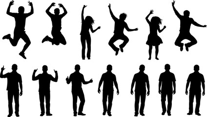 Silhouettes of people in dynamic jumping and relaxed standing poses, symbolizing energy, movement, and body language for creative design inspiration © boishakhisarker