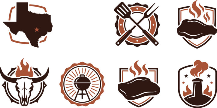 Vintage Texas style barbecue grill logos set with bull skull steak smoker and state map branding elements.