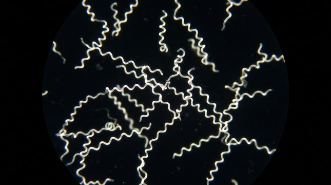 Spirochete Bacteria Dark Field Microscopy Slide. Spirochete bacteria imaged under dark field microscopy showing characteristic corkscrew morphology in clinical sample.