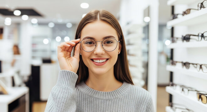 Young woman wearing glasses smiles while holding frames in an eyewear store with shelves of glasses in the background