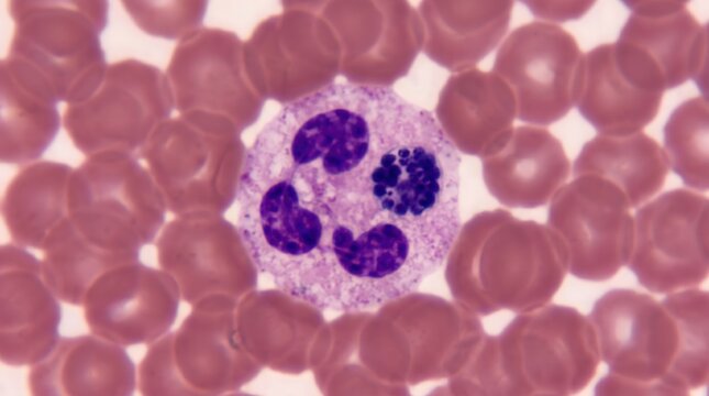 Anaplasma Phagocytophilum Morulae Neutrophil Giemsa Smear. Anaplasma phagocytophilum morulae as dark intracytoplasmic inclusions within neutrophil in Giemsa stained blood smear.