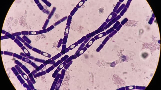 Bacillus Anthracis Spores Gram Stain Chains. Gram positive Bacillus anthracis in long chains with central oval spores on clinical Gram stained smear preparation.