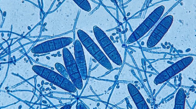 Dermatophyte Macroconidia Lactophenol Blue Skin Scraping. Dermatophyte fungal macroconidia with multicellular septate structure in lactophenol cotton blue from skin scraping culture.