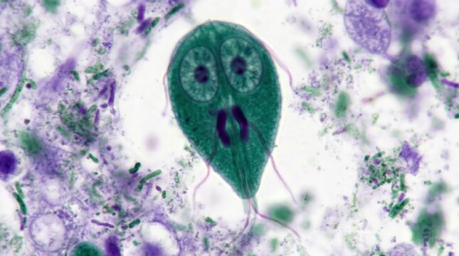 Giardia Lamblia Trophozoite Trichrome Stool Preparation. Giardia lamblia trophozoite with pear shape and two nuclei in trichrome stained stool smear showing flagella.