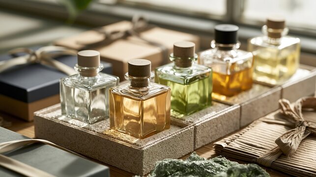 Threequarter angle view of premium handblown glass perfume bottles in molded pulp trays surrounded by sustainable packaging materials with soft window lighting and blurred