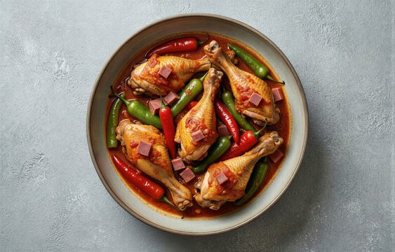 Bowl of Pollo al Chilindron with cooked chicken drumsticks, tomato sauce, fresh chili peppers, ham slices. Concept of chicken with peppers tomato ham sauce.