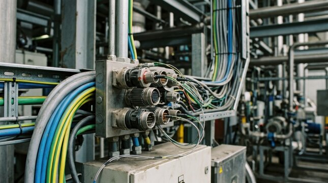 Medium shot of smart connectors with embedded thermistor sensors capturing realtime temperature changes in industrial wiring setups.