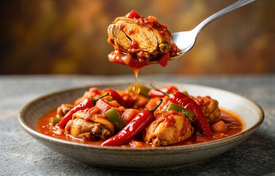 Pollo al Chilindron in bowl garnished with chili peppers, drizzled with sauce. Concept of chicken with peppers tomato ham sauce creating mouthwatering culinary delight.