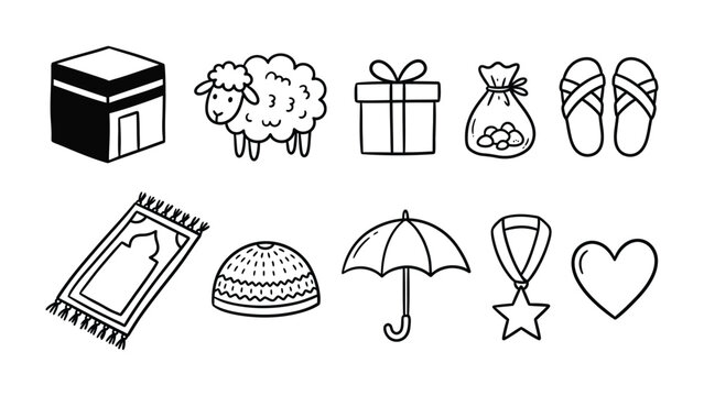 Islamic Symbols and Objects: A collection of hand-drawn icons representing various elements associated with Islam, including the Kaaba, a sheep, a gift, coins, slippers, a prayer mat, a cap.
