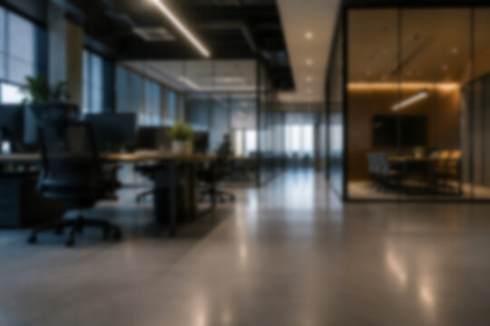 Beautiful blurred background of a modern office interior with panoramic windows and beautiful lighting