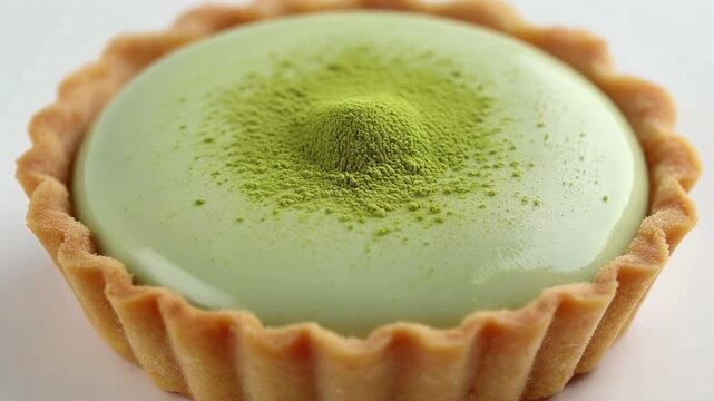 Creamy matcha pie with velvety green filling presents a sophisticated dessert aesthetic inspired by premium tea-flavored pastries.