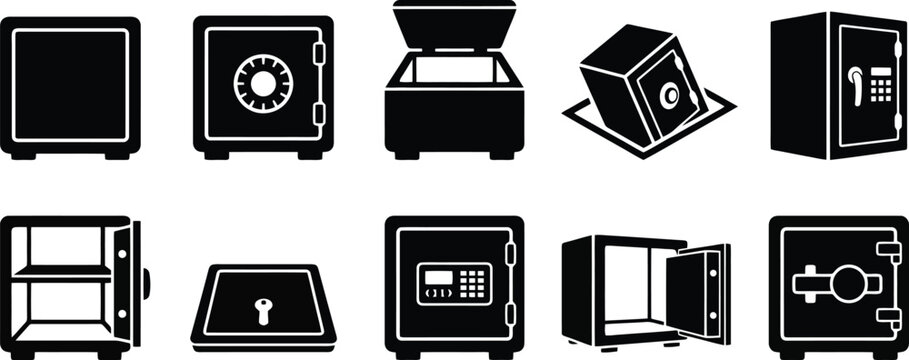 Bank safe box icons set, black metal security vault vector collection, 10 solid flat symbols for financial protection and asset storage
