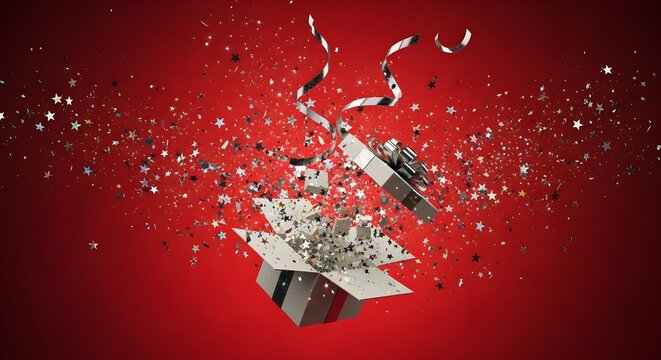 Exploding gift box, festive silver confetti, shimmering glitter, red background, celebration