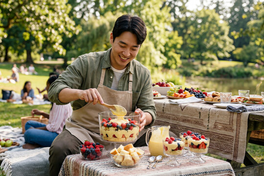 Smiling Asian man making berry trifle dessert during outdoor picnic in summer park