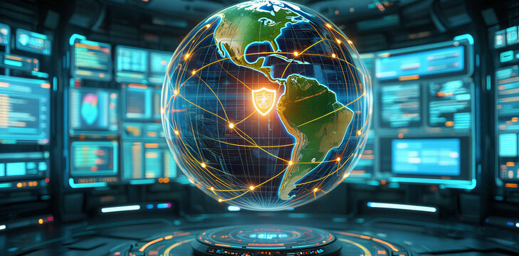 Global digital earth hologram rotating in modern high-tech data control command center room with hologram technology communication connection information monitoring internet intelligence