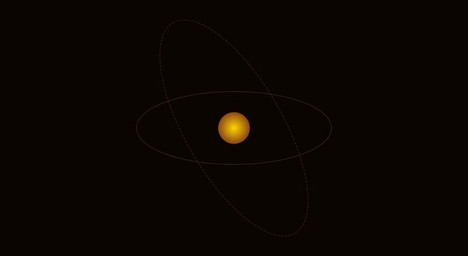 Atomic orbit model animation: glowing nucleus with spinning electron rings animation