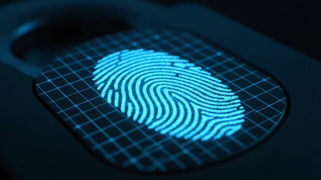 Modern biometric fingerprint thumbnail with futuristic scanning interface illustrating identity verification, cybersecurity systems, and secure digital authentication technology.