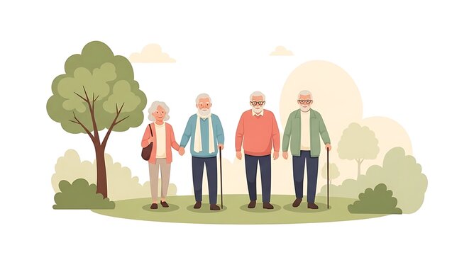 Cheerful Elderly Friends Standing Together in Peaceful Park Landscape