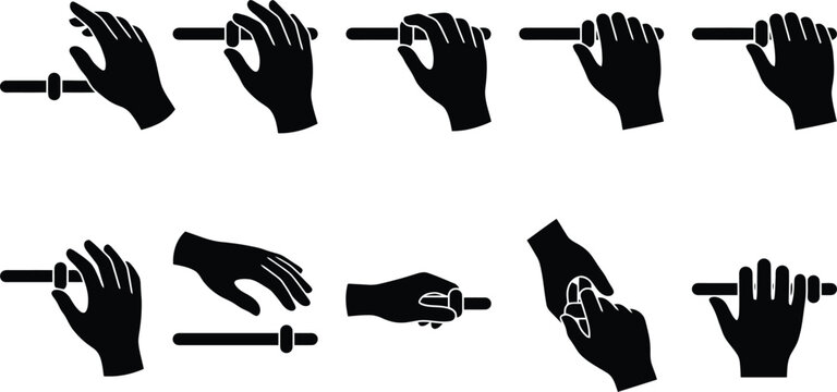 Black silhouette hand gestures adjusting sliders and knobs, set of 10 vector icons for user interface control, human hands interacting with faders