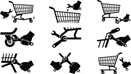 Shopping cart repair icons set, hand with wrench fixing broken supermarket trolley wheels, 9 black vector silhouettes for maintenance services © Muhammad