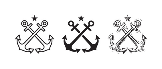 Crossed nautical anchors with star icons in outline, solid, and hand-drawn sketch styles. © Maksym cvc