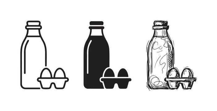 Milk bottle and egg carton grocery icons in outline, filled, and hand-drawn sketch versions.