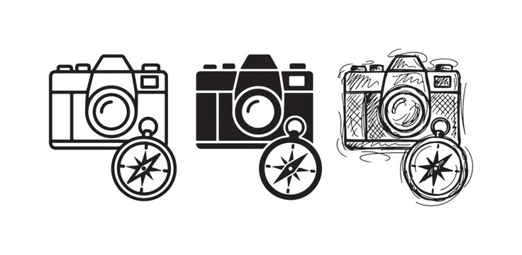 Camera and Compass Icons Set for Travel Photography or Adventure Exploration