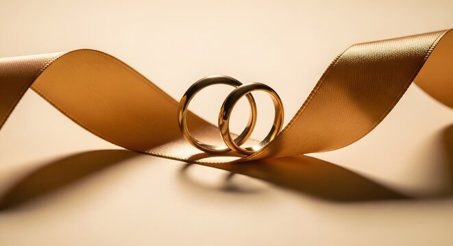 Golden wedding rings, elegant silk ribbon, luxury bridal jewelry background