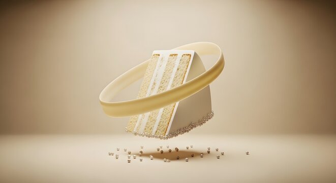 Minimalist vanilla cake slice, floating sponge cake, elegant beige dessert