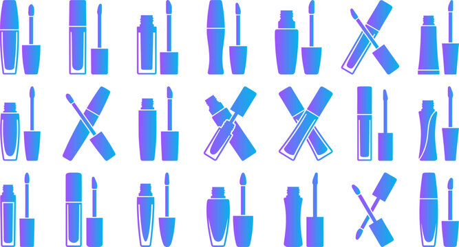 Collection of makeup brushes and mascara tubes vector icons in gradient purple blue colors on white background.