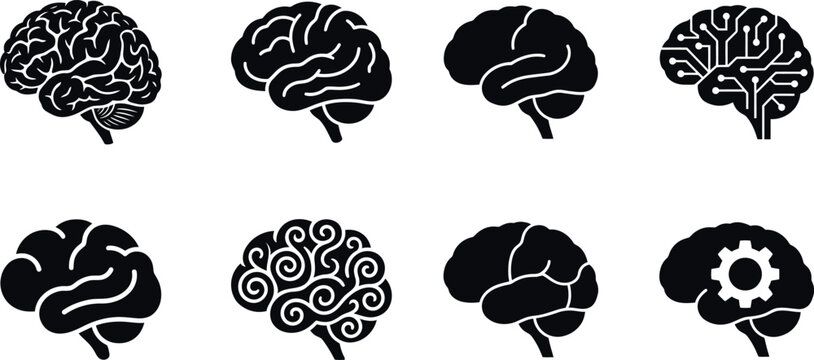 Eight black silhouette brain icons representing neurology and cognitive function