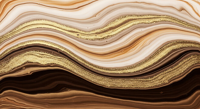Luxury brown liquid marble texture fluid art with shiny gold glitter